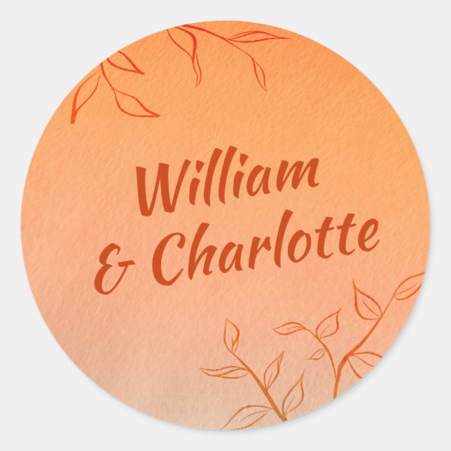 Burnt Orange Line-art Leaves Ombré Autumn Wedding Classic Round Sticker (Front)