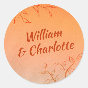 Burnt Orange Line-art Leaves Ombré Autumn Wedding Classic Round Sticker