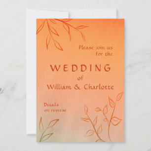 Burnt Orange Line-art Leaves Ombré Autumn Wedding Invitation