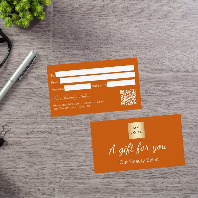 Burnt orange logo qr gift certificate card (Creator Uploaded)