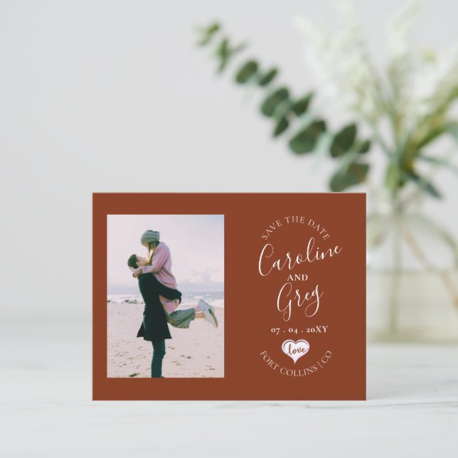Burnt Orange Love Typography Photo Save the Date Announcement Postcard (Standing Front)