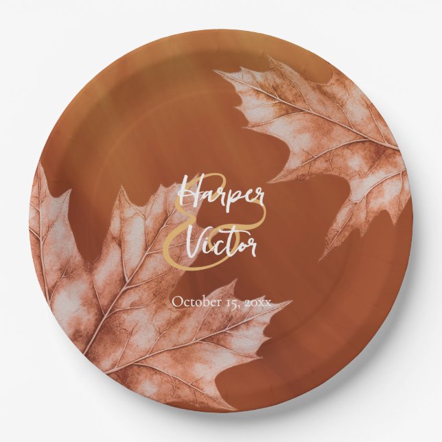 burnt orange maple leaves accent fall wedding paper plate (Front)