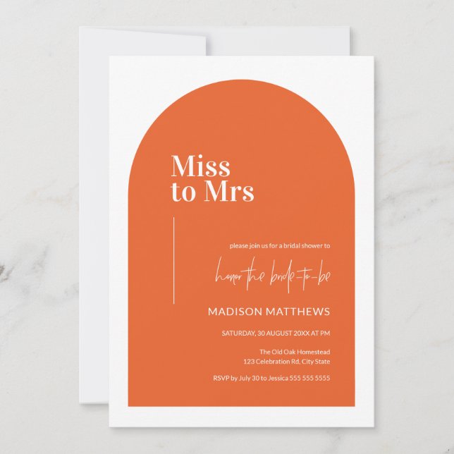Burnt Orange Minimal Arch Miss Mrs Bridal Shower Invitation (Front)