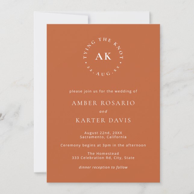Burnt Orange Minimal Tying The Knot Monogram Invitation (Front)