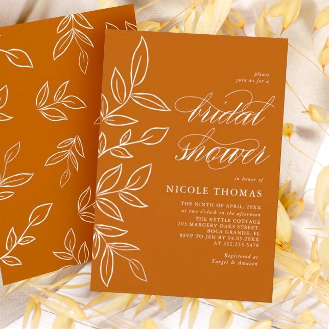 Burnt Orange Minimalist Elegant Leaf Bridal Shower Invitation (Creator Uploaded)