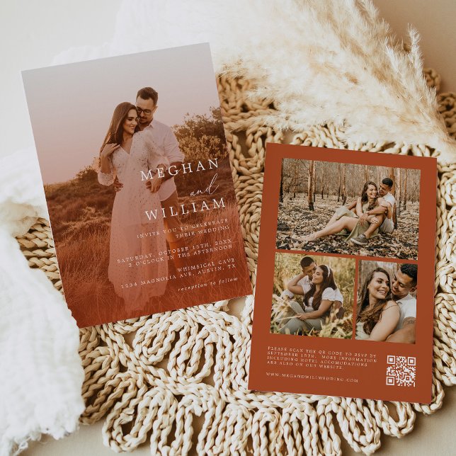 Burnt Orange Minimalist Photo QR code Wedding Invitation (Creator Uploaded)