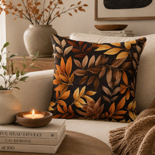 Burnt Orange Mocha Brown Elegant Autumn Leaves Cushion