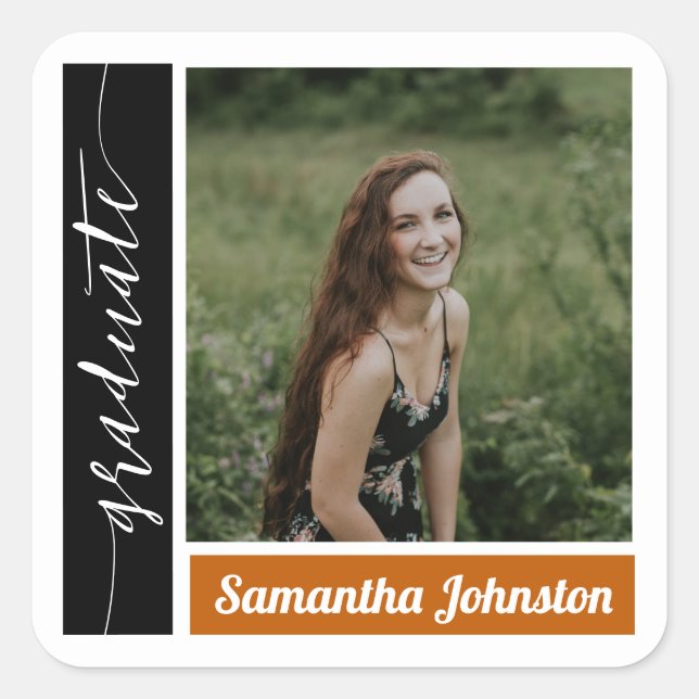 Burnt Orange Modern Block Photo Graduation Square Sticker (Front)