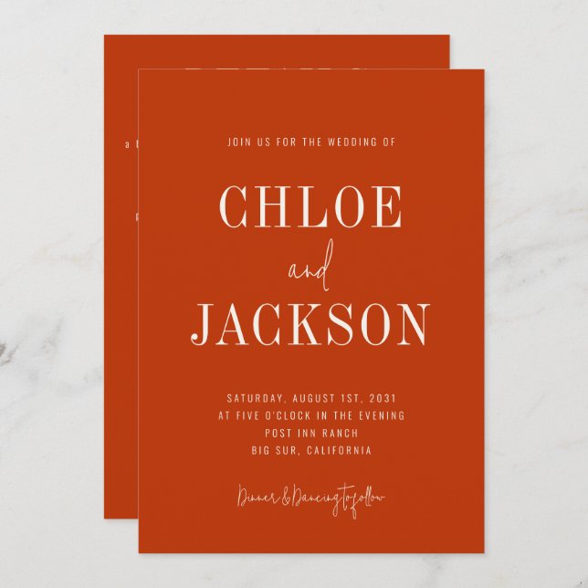 Burnt Orange Modern Bold Custom All-in-one Wedding Invitation (Front/Back)
