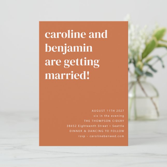 Burnt Orange Modern Minimalist All in One Wedding Invitation (Standing Front)