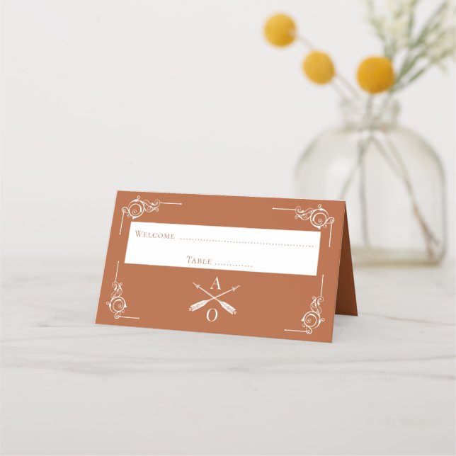 Burnt Orange Monogram and Arrows Reception Place Card (Front)