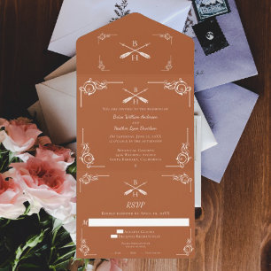 Burnt Orange Monogram and Arrows Wedding All In One Invitation