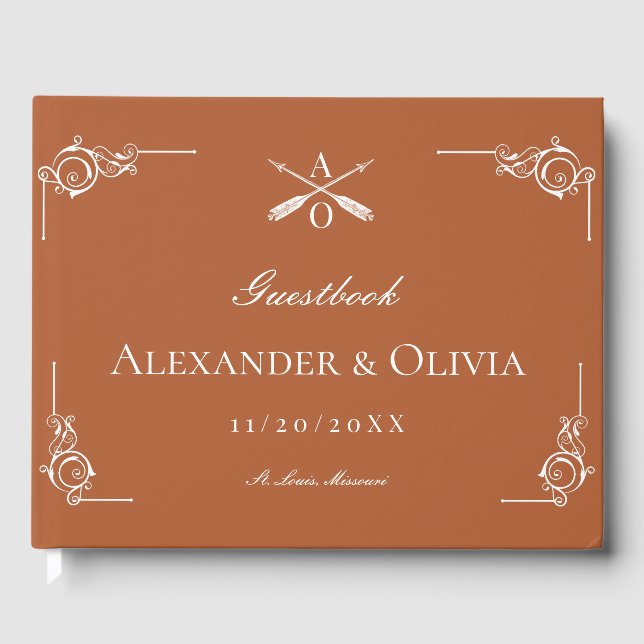 Burnt Orange Monogram and Arrows Wedding Guest Book (Front)