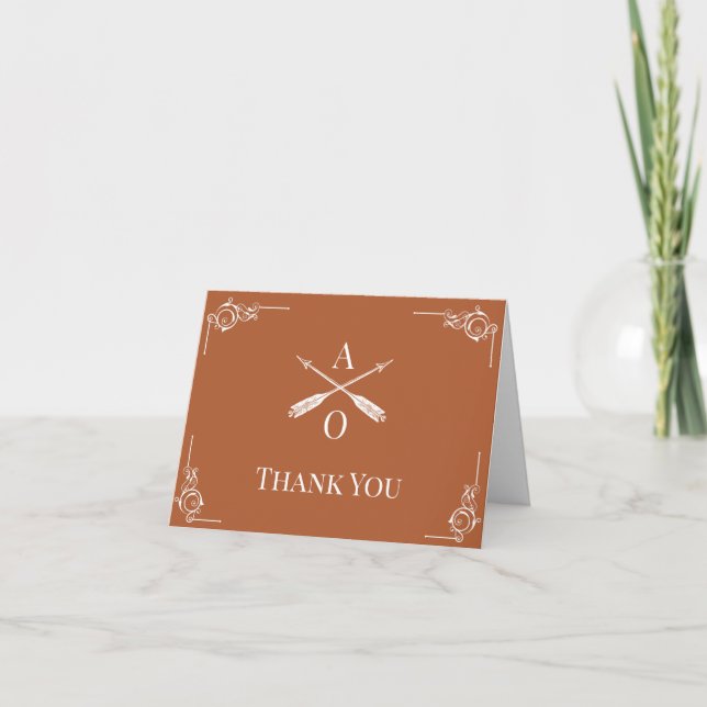 Burnt Orange Monogram and Arrows Wedding Thank You (Front)