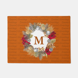 Burnt Orange MONOGRAM Decorative Christmas Wreath Doormat
