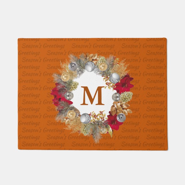 Burnt Orange MONOGRAM Decorative Christmas Wreath Doormat (Front)