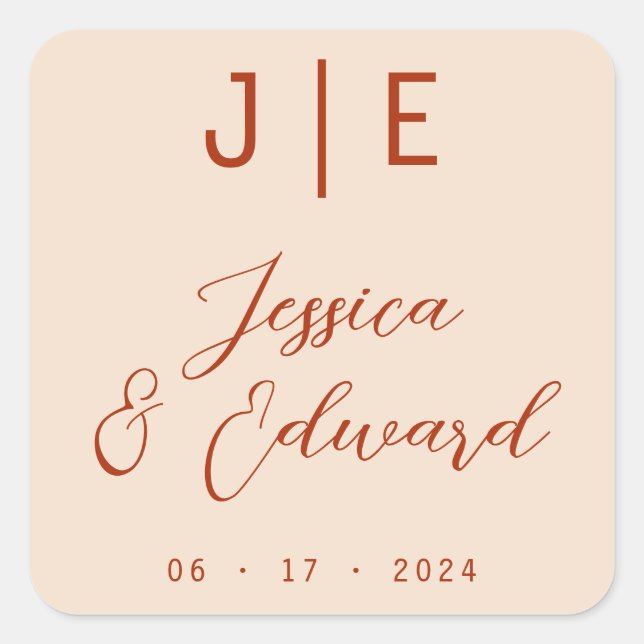 Burnt Orange Monogram Elegant Script Couple Name Square Sticker (Front)