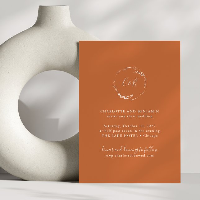 Burnt Orange Monogram Floral Wreath Script Wedding Invitation (Creator Uploaded)