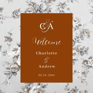 Burnt orange monogram modern wedding welcome poster