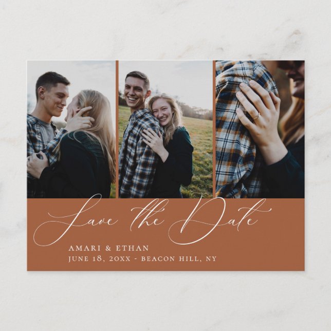 Burnt Orange Multi-Photo Save the Date Announcement Postcard (Front)