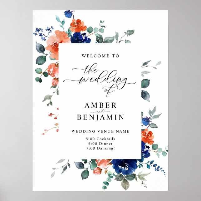 Burnt Orange Navy Blue Floral Wedding Welcome Poster (Front)