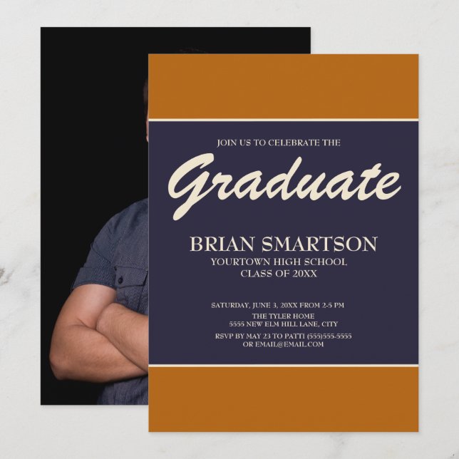 Burnt Orange Navy Blue Graduation Party Photo Invitation (Front/Back)