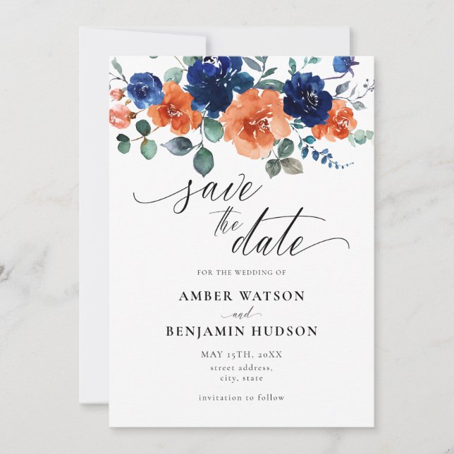 Burnt Orange Navy Blue Wedding Save The Date Invitation (Front)