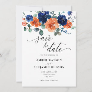 Burnt Orange Navy Blue Wedding Save The Date Invitation