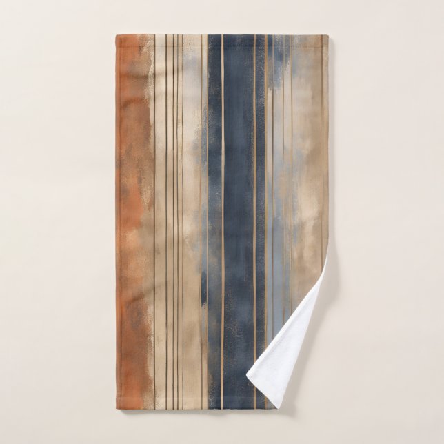 Burnt Orange Navy Dusty Blue Distressed Stripe Bath Towel Set (Hand Towel)