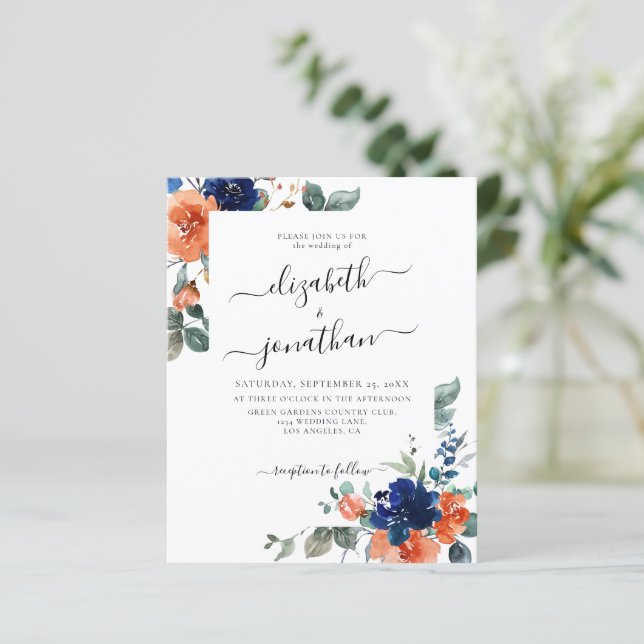 Burnt Orange Navy Floral Budget Wedding Invitation (Standing Front)