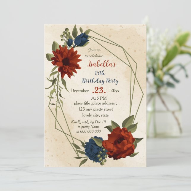 burnt orange navy flowers botanical birthday invitation (Standing Front)
