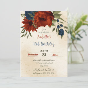 burnt orange navy flowers botanical birthday invitation
