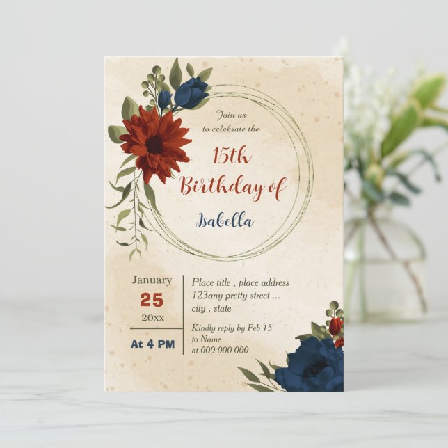 burnt orange navy flowers botanical birthday invitation (Standing Front)