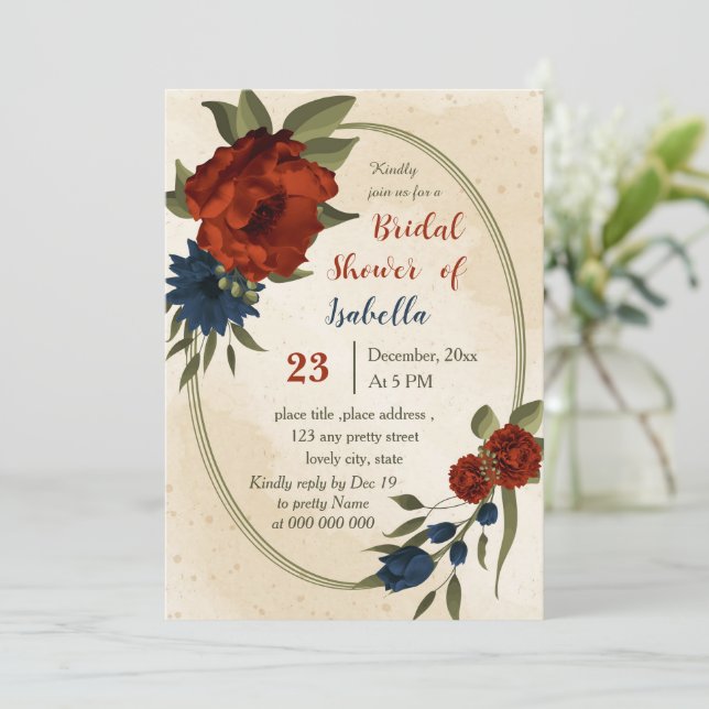 burnt orange navy flowers botanical bridal shower invitation (Standing Front)