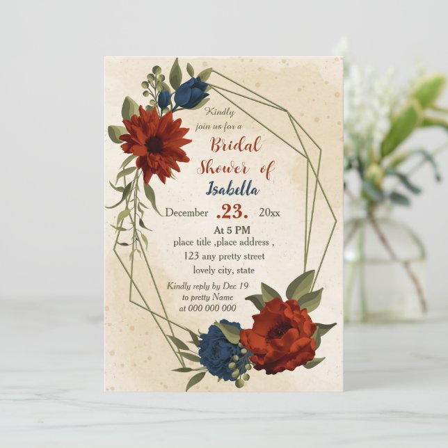 burnt orange navy flowers botanical bridal shower invitation (Standing Front)