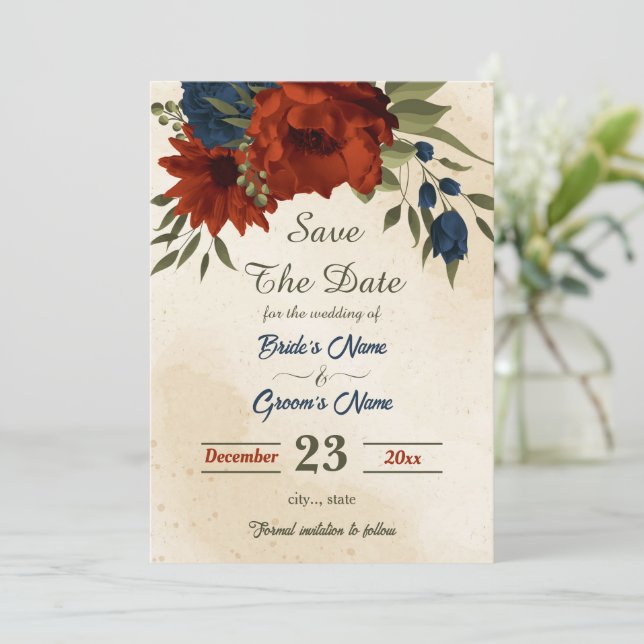 burnt orange navy flowers botanical save the date (Standing Front)