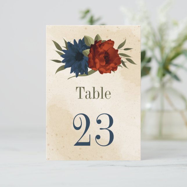 burnt orange navy flowers botanical table number (Standing Front)