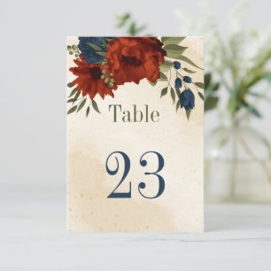 burnt orange navy flowers botanical table number