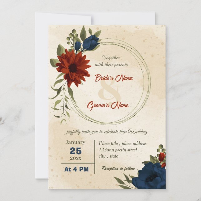 burnt orange navy flowers botanical wedding  invitation (Front)