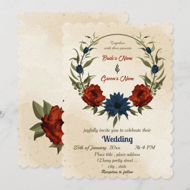 burnt orange navy flowers botanical wedding  invitation (Front/Back)