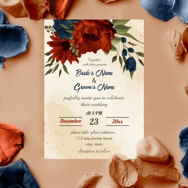 burnt orange navy flowers botanical wedding  invitation (Creator Uploaded)