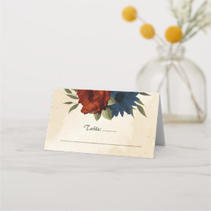 burnt orange navy flowers botanical wedding place card