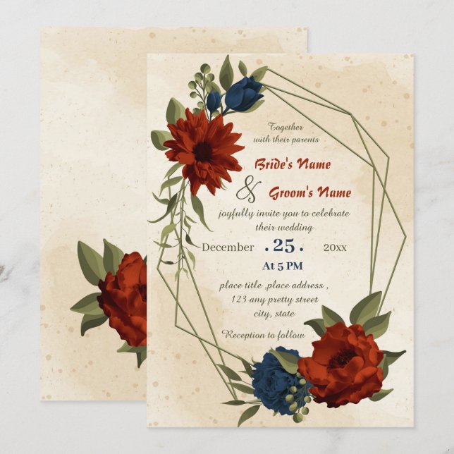 burnt orange navy flowers geometric wedding  invitation (Front/Back)
