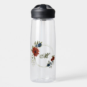 burnt orange & navy flowers greenery water bottle
