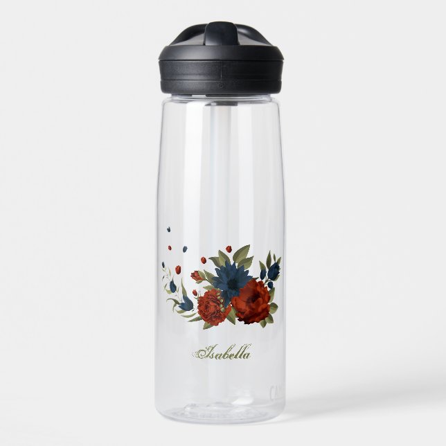 burnt orange & navy flowers greenery water bottle (Front)