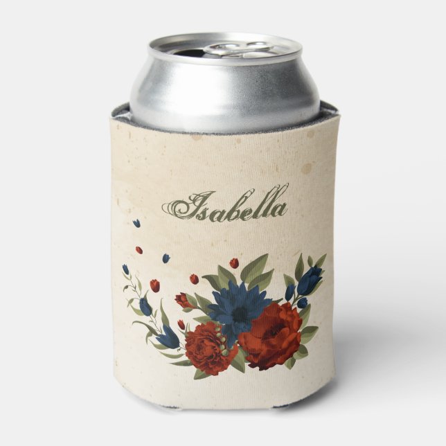 burnt orange & navy flowers greenery wedding can cooler (Can Front)