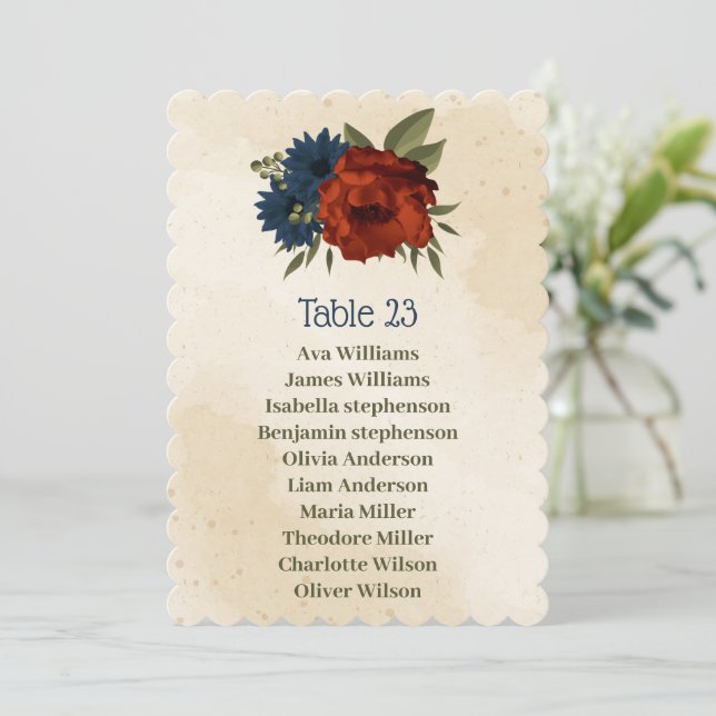 burnt orange navy flowers seating chart card (Standing Front)