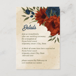 burnt orange navy flowers wedding enclosure card