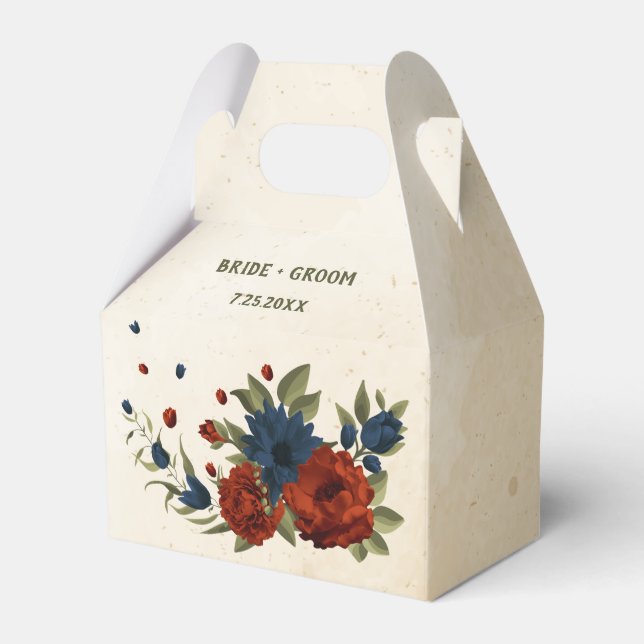 burnt orange navy flowers wedding favour box (Front Side)