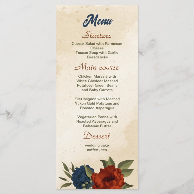 burnt orange navy flowers wedding menu (Front)